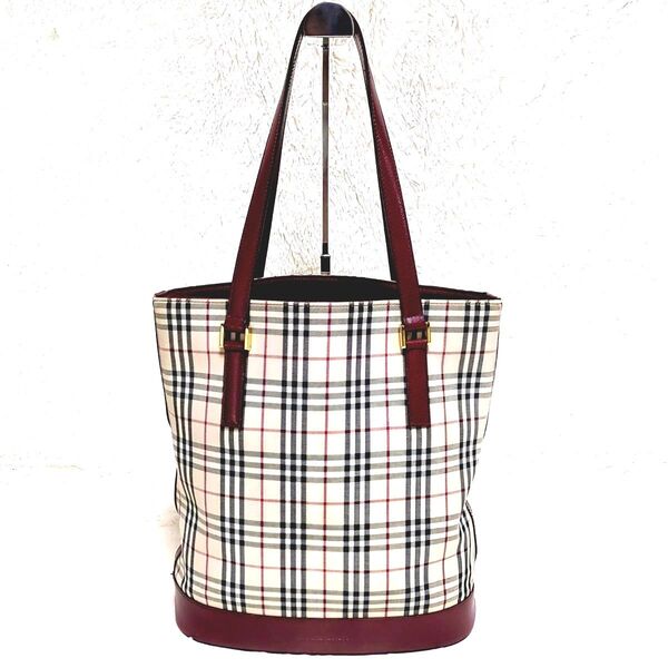 BURBERRY バーバリー ノバチェック 肩掛け ショルダー トートバッグ キャンバスレザー ベージュ ボルドー ハンドバッグ