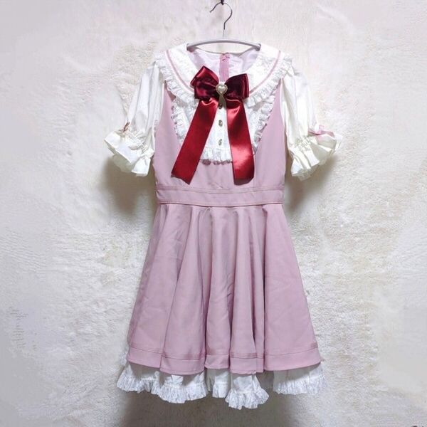 新品 LIZLISA リズリサ サンプル タグ無 ジャンスカ風 丸襟フリル Aライン セットアップ風 ワンピース リボン付 ピンク