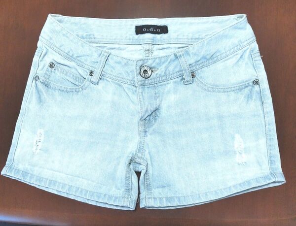 デニムショートパンツ ダメージ加工 アイシーブルー レディース