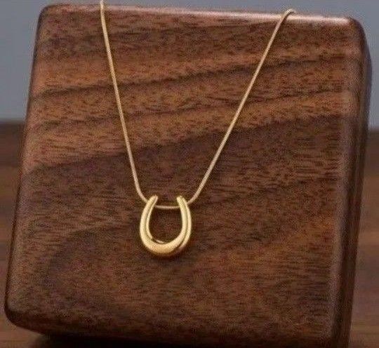 【新品未使用】ホースシュー 馬蹄ネックレス スネークチェーン サージカルステンレス製 金属アレルギー対応 ゴールド系