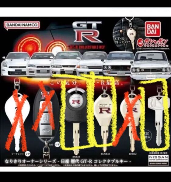 歴代GT-R なりきりオーナーシリーズ 33 34 日産 鍵 キーホルダー ガチャガチャ BCNR33 34