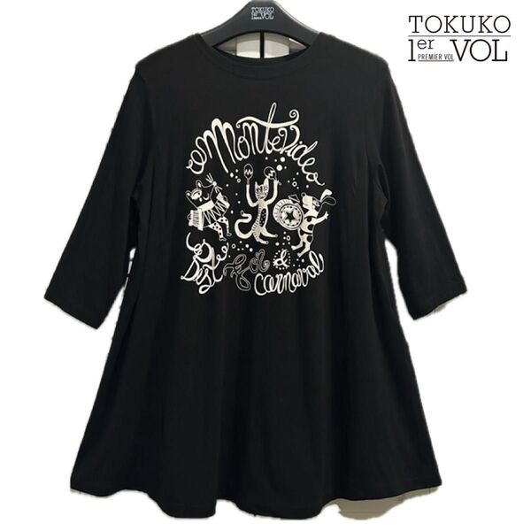 美品 ★ TOKUKO トクコ プルミエヴォル ブラウス チュニック Aライン トップス アニマル 七分袖 ブラック シンプル