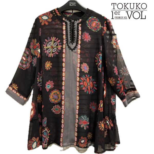 美品 ★ TOKUKO トクコ プルミエヴォル ブラウス チュニック Aライン トップス シアー チュール シフォン 花柄 リボン