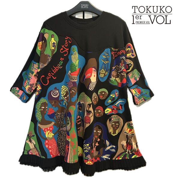 美品 ★ TOKUKO トクコ プルミエヴォル ブラウス チュニック 七分袖 模様 カラフル 豪華 Aライン フリル カリビアン