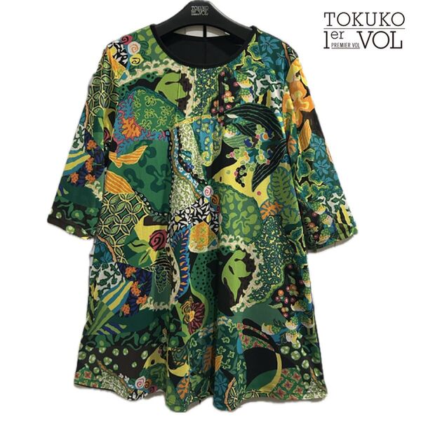 美品 ★ TOKUKO トクコ プルミエヴォル ブラウス チュニック Aライン トップス チュールネット ボタニカル柄 伸縮性