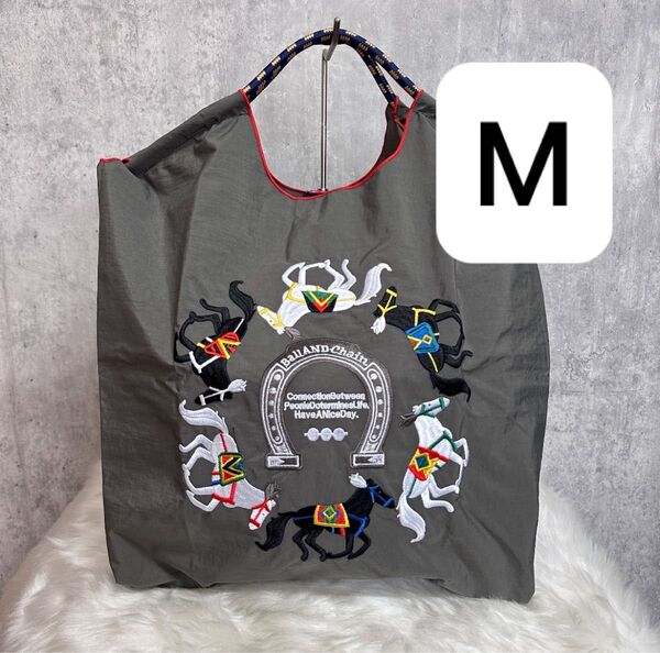 【新品!未使用!最終値下げ!】韓国 刺繍エコバッグ 馬柄 チャコール ボールアンドチェーン ナイロン Mサイズ