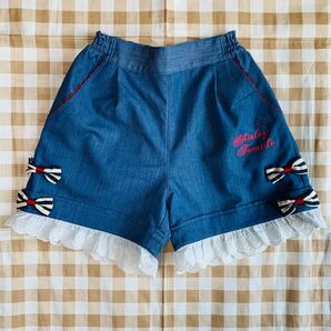 Shirley Temple 裾レースリボンデニム風ショートパンツ 140