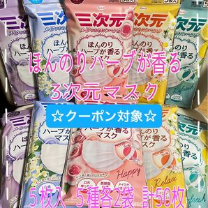☆クーポン☆三次元マスクほんのりハーブが香るマスク メイクがおちにくいマスク 5枚入 5種×各2袋(50枚)【新品・未使用】