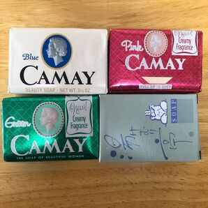 アメリカ製★未使用CAMAY 化粧石鹸 ピンク ブルー グリーン 3個セット+ 湯けむり亭ハーブ石鹸(おまけ)