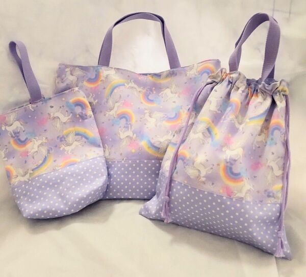 ☆ ハンドメイド レッスンバッグ・上靴袋・体操服袋 ユニコーン・ドリーム パープル ☆