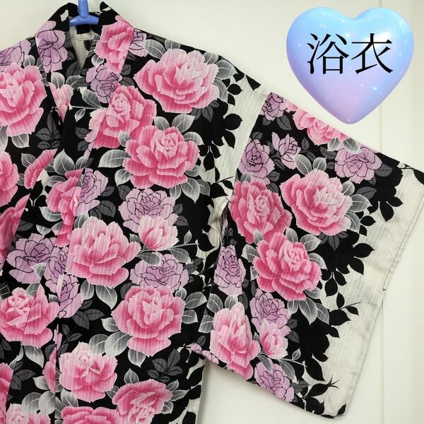 レディース 浴衣単品(帯なし) 大人フリーサイズ ゆかた 薔薇柄 花柄 ピンク&紫&白&黒