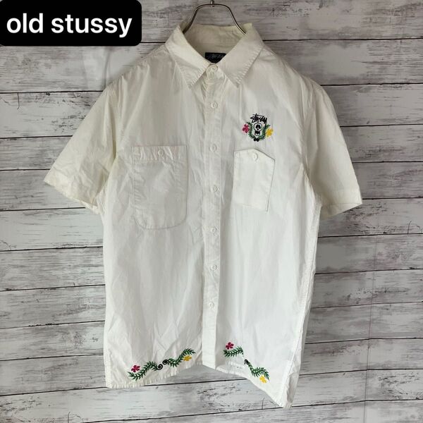 【希少old stussy】ステューシー 半袖シャツ ドクロフラワー スカル flower 刺繍 shirt 白 ホワイト L