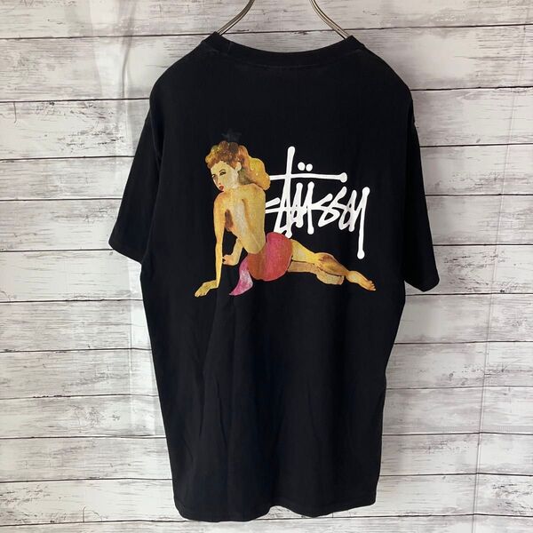【希少デザイン】stussy ステューシー 半袖Tシャツ ガールロゴ ブラック 黒 Mサイズ ストックロゴ shirt