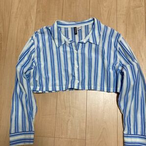 H&M ストライプ柄ショート丈シャツ XL ブルー