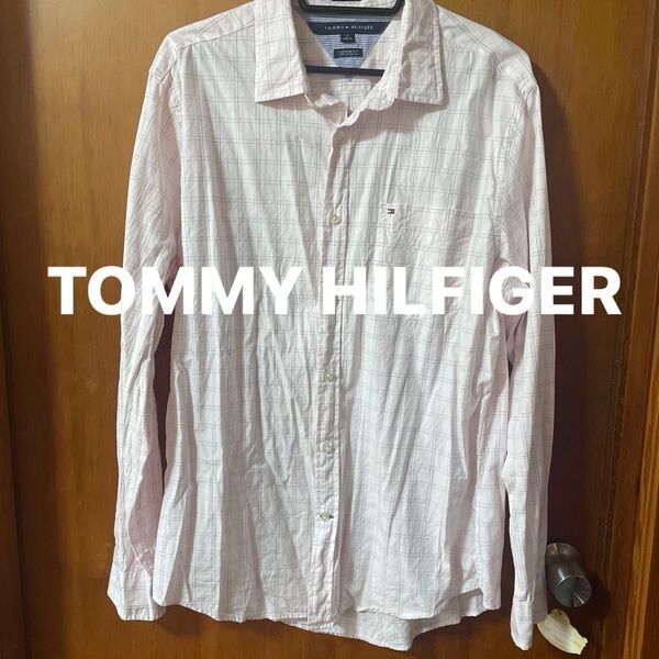 【美品】TOMMY HILFIGER トミーヒルフィガー メンズ長袖シャツ チェック柄 淡いピンク Lサイズ