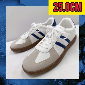 【25.0cm】★新品★メンズ ラインスニーカー☆ジャーマントレーナー 白青
