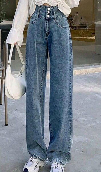 ハイウエストデニムパンツ ブルー系