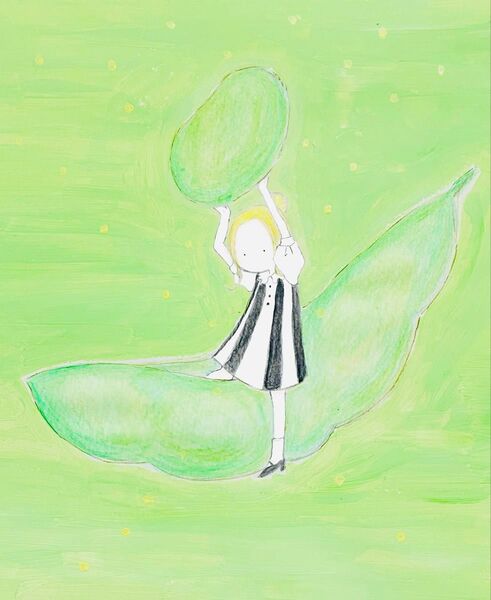 イラストレーターカスミカエデの原画パネル。「ごきげんおまめ」