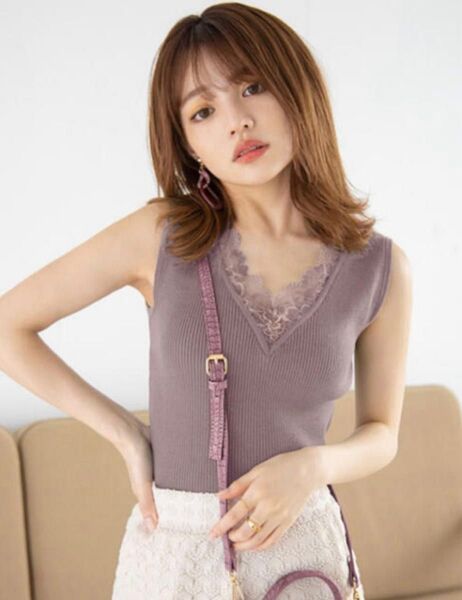GRL 紫 レース 2way タンクトップ ノースリーブ ニット 春 夏 ちいぽぽ タイト カップ無し