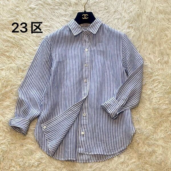 23区 長袖シャツ ストライプ 2way カシュクール リネン100 ブルー