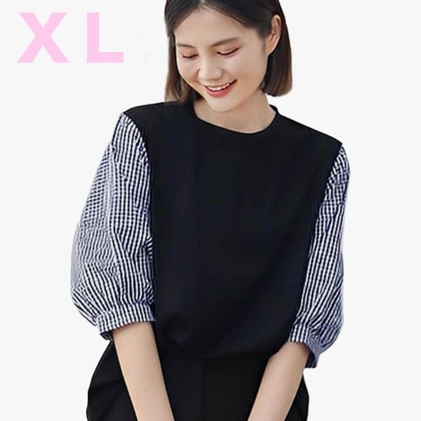 【一点限り】ブラウス XLトップス七分袖 夏服ゆったりチェック 大きいサイズ 半袖Tシャツ