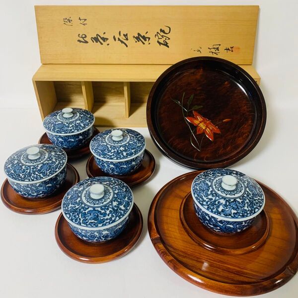 たち吉 蓋付き 湯飲み 5個 茶托 お盆 菓子皿 12点 茶器 セット 湯呑み 急須 時代物 染付 煎茶道具 和食器
