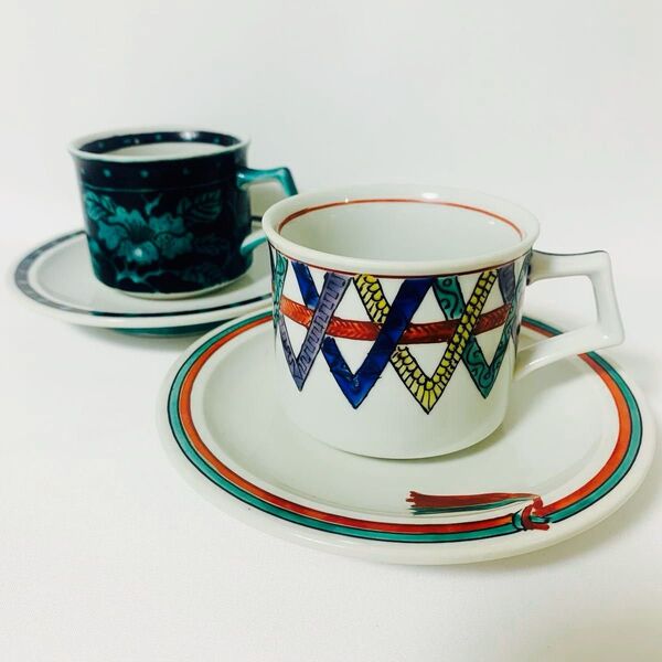美品 レア 九谷焼 九谷美陶 コーヒー カップ ソーサー セット ペア 皿 食器 ティーカップ 小皿