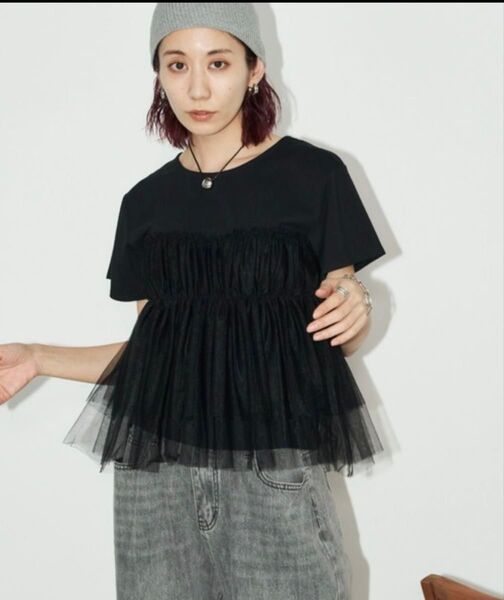 チュールギャザードッキングカジュアルTシャツ