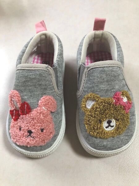 ベビーシューズ 13cm うさぎさん くまさん グレー系 スニーカー 女の子 スリッポン