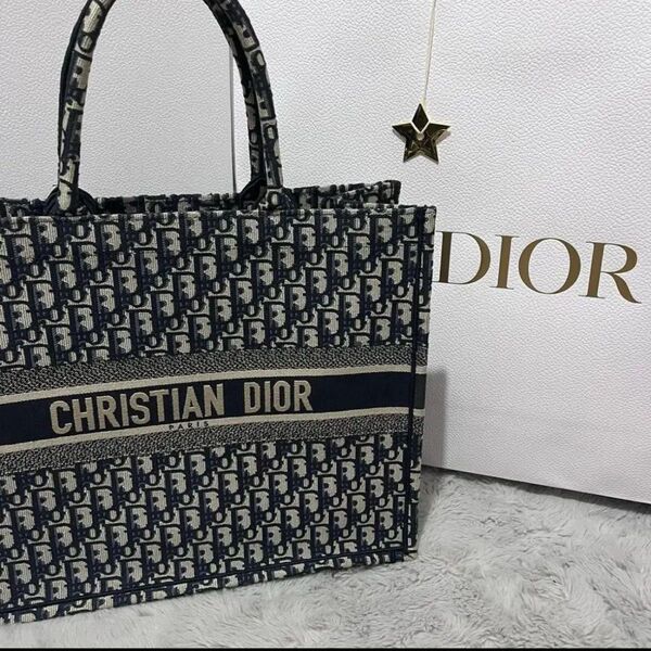 新品未使用クリスチャンディオール トートバッグ ブックトート ハンドバッグ Dior ネイビー キャンバス ディオールラージ