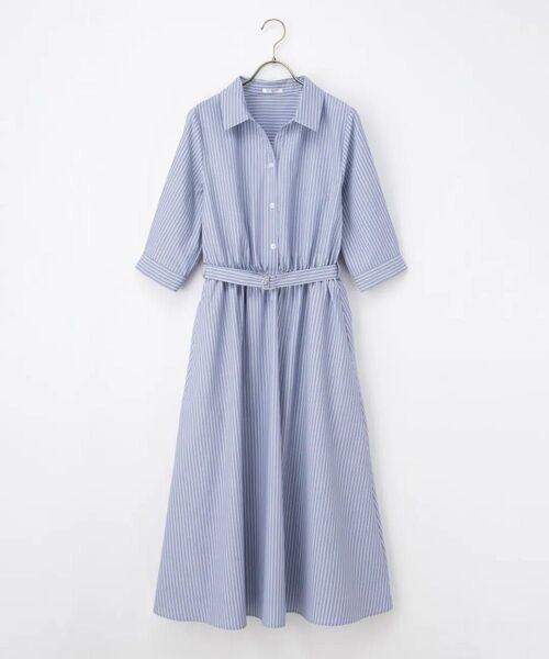 【タグ付き新品未使用】ハニーズ 6分袖シャツワンピース サックス×オフ Sサイズ