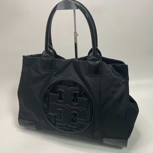 【美品】トリーバーチ エラ トートバッグ エナメル ナイロン 肩掛け 黒 A4可 TORY BURCH