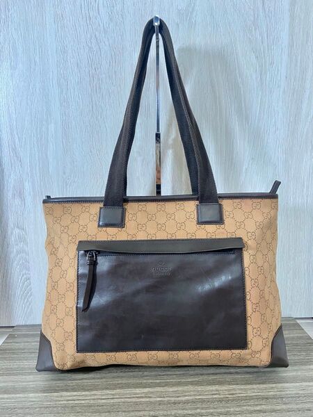 GUCCI トートバッグ GG柄 レザー キャンバス ブラウン 肩掛け A4可
