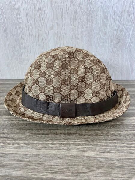 GUCCI ハット 帽子 バケットハット GG柄 キャンバス レザー ベージュ