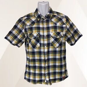 Dickies ディッキーズ シャツ イエロー×ブルー メンズ ポケット 半袖 M スリム チェック柄 半袖シャツ 古着