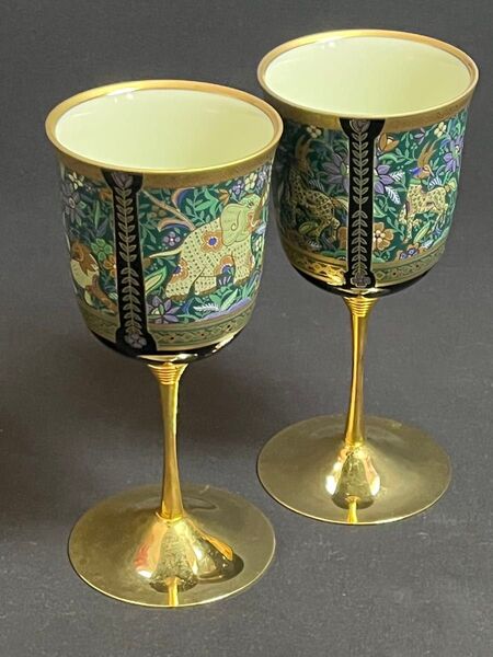 Eclectique kaikai 象更紗ワイングラス 2個ペア 酒器 アンティーク 金彩 ペアワイングラス