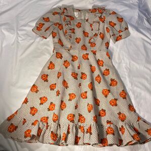 レトロ ワンピース バラ柄 黒水玉 フリル オレンジ