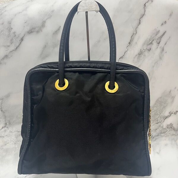 CELINE レザー×ナイロン ハンドバッグ 黒 ゴールド金具 ヴィンテージ ナイロン レザー セリーヌ ブラック