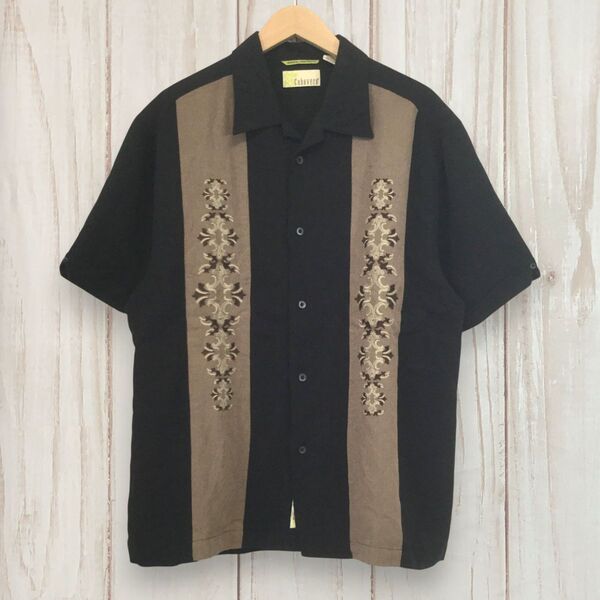 【90s CUBAVERA キューバシャツ】刺繍デザイン オープンカラー メキシカンシャツ グァジャベーラ XL相当 黒 古着
