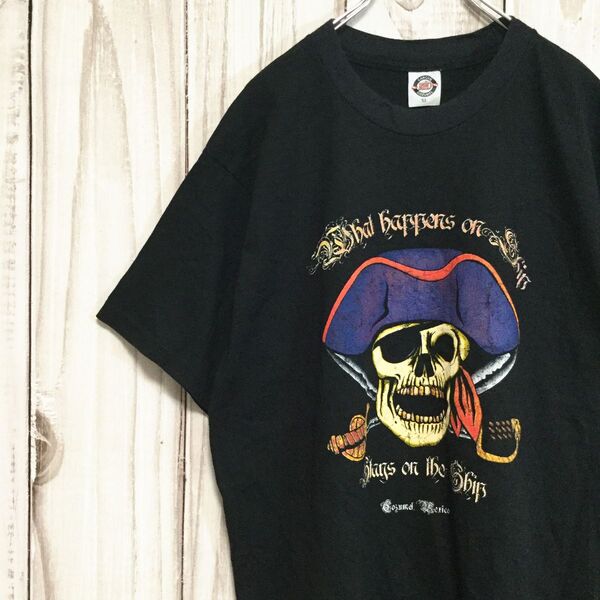 【スーべリア 半袖Tシャツ】カンクン&コスメル お土産T スカル 海賊プリント XL 黒 古着