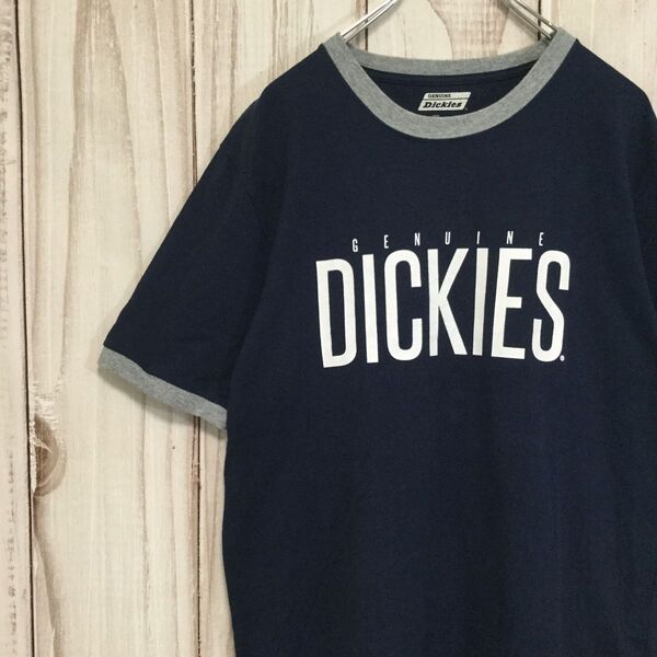 【美品 ディッキーズ 半袖リンガーTシャツ】人気 ビッグロゴ 縫い付けロゴ ビッグサイズ XL ネイビー Dickies 古着