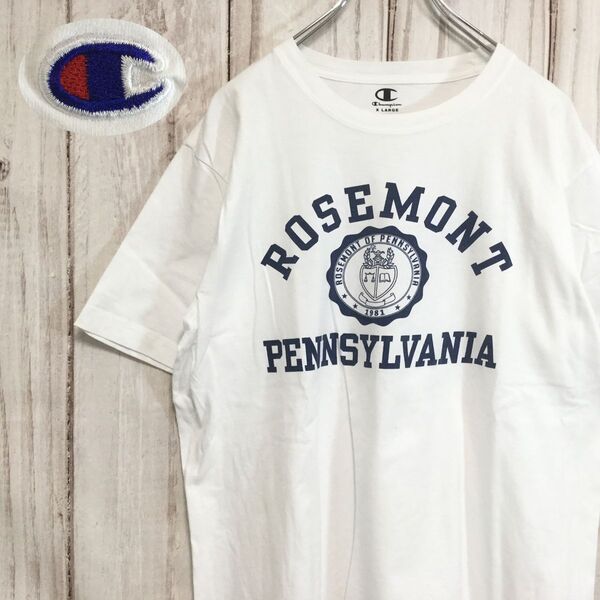 【チャンピオン 半袖プリントTシャツ】袖Cロゴ 3段プリント XL 白 Champion 古着