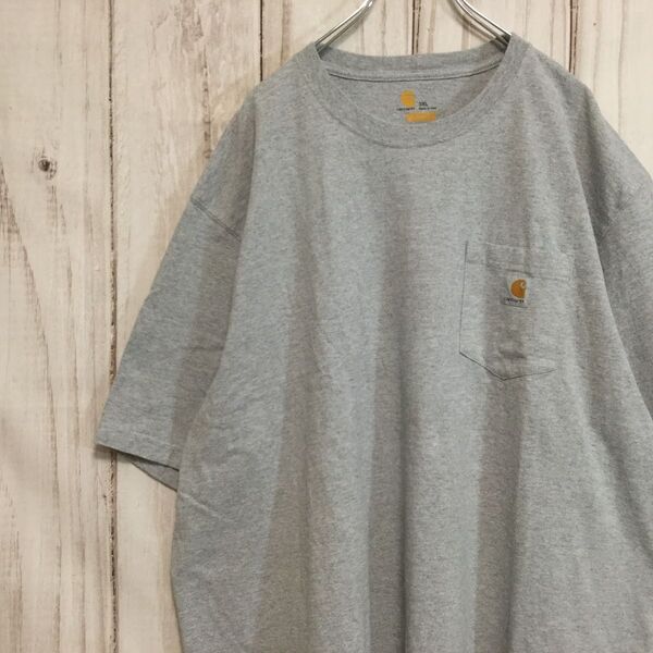 【カーハート 半袖Tシャツ】ロゴワッペン ポケット 超ビッグサイズ 4XL(5L)以上相当 グレー Carhartt 古着