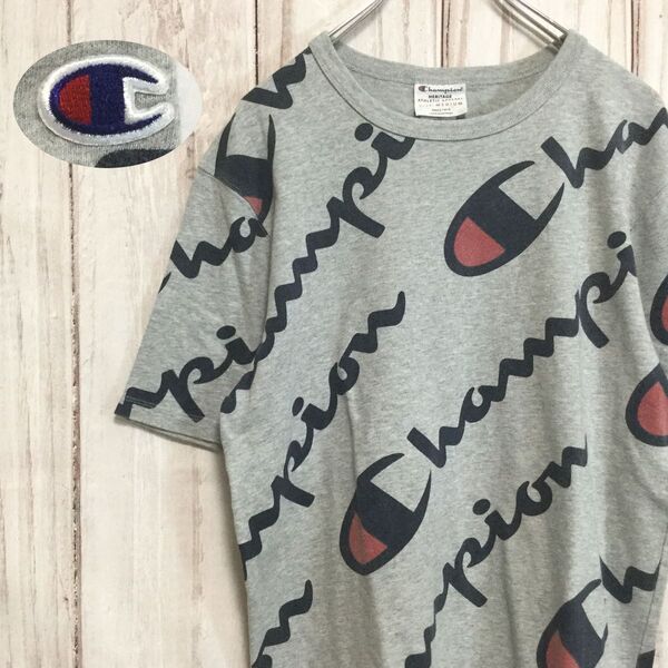 【チャンピオン 半袖ビッグロゴTシャツ 海外限定品】総柄 袖ロゴ M グレー Champion 輸入古着