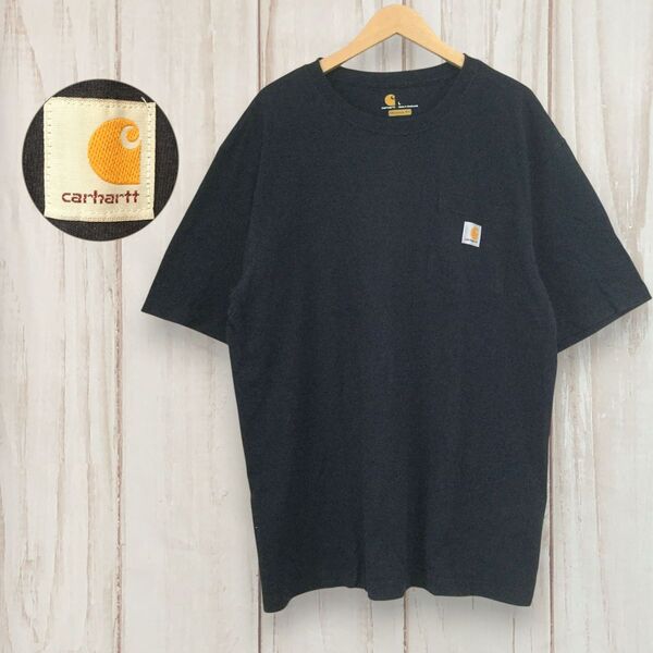 【カーハート 半袖ロゴTシャツ】 海外サイズ ポケット 2XL相当 ネイビー Carhartt 古着