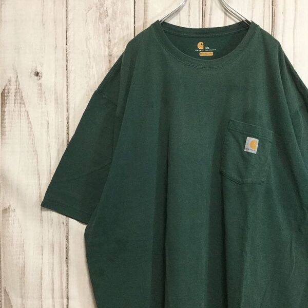 【カーハート 半袖Tシャツ】超ビッグサイズ ロゴワッペン ポケット 4XL(5L)以上相当 緑 Carhartt 古着