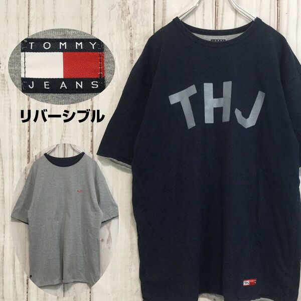 【トミージーンズ 半袖ビッグロゴTシャツ】海外サイズ リバーシブル ビッグロゴ 縫い付けロゴ L Tommy Jeans 古着