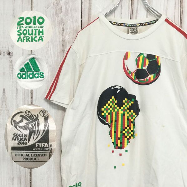 【アディダス 半袖プリントTシャツ】FIFAワールドカップ2010 公式グッズ ロゴ刺繍 サッカー 2XL 白 adidas 古着