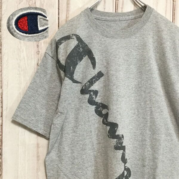 【チャンピオン 半袖ビッグロゴTシャツ】袖ロゴ刺繡 M グレー Champion 古着