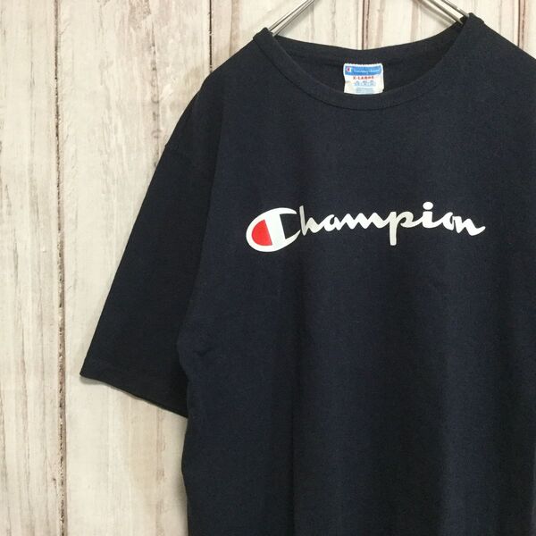 【チャンピオン 半袖ビッグロゴTシャツ】袖ロゴ刺繍 ビッグサイズ ゆるダボ 2XL ネイビー Champion 古着